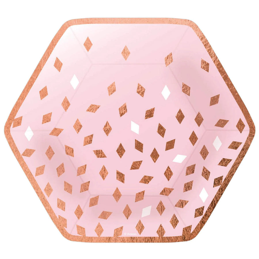 Rose Gold Birthday Hexagonal Paper Plates 9in, 8pcs