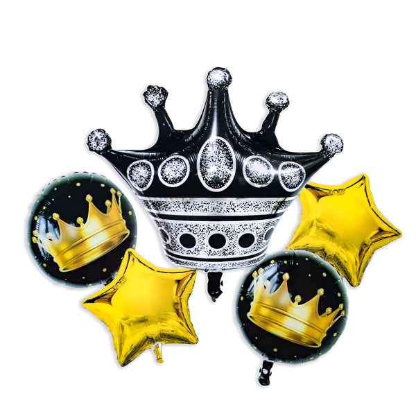 Crown Gold Black Theme- 5pcs , Star and Round Balloons Theme Party Decoration Foil Balloons kit for Wedding Birthday Anniversary Ring Ceremony Party Decorations