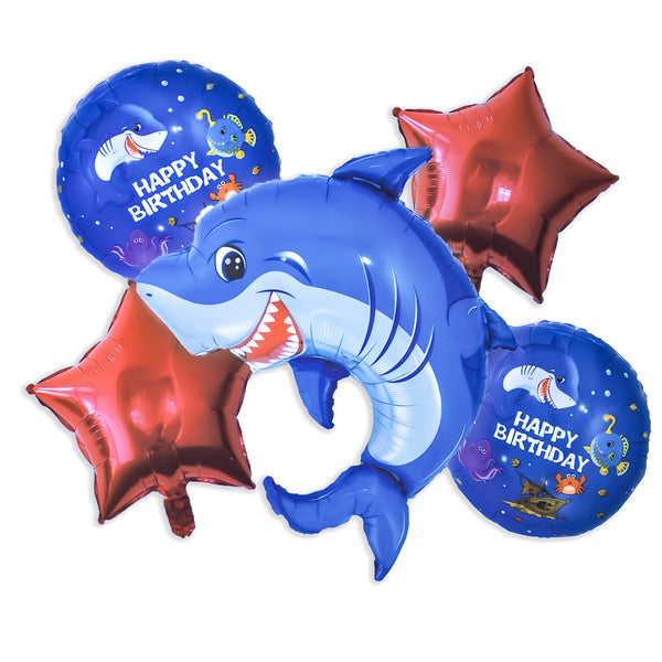 Blue Wild Tiger Shark Balloon- 5 pcs Happy Birthday Bouquet Party Decoration Fish Ocean Sea