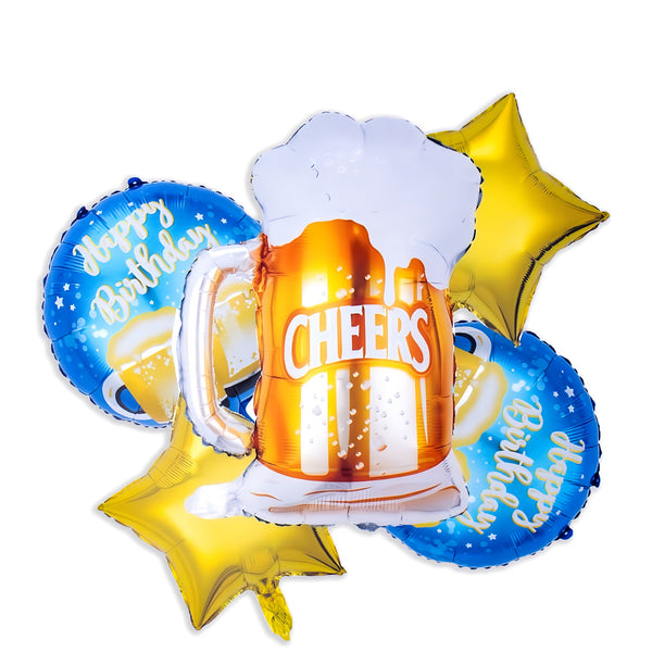 Cheers Foil Balloons- 5 pcs for Birthday Party Decoration, Beer Shape, Large Beer Bottle Balloons, Round & Star Balloons