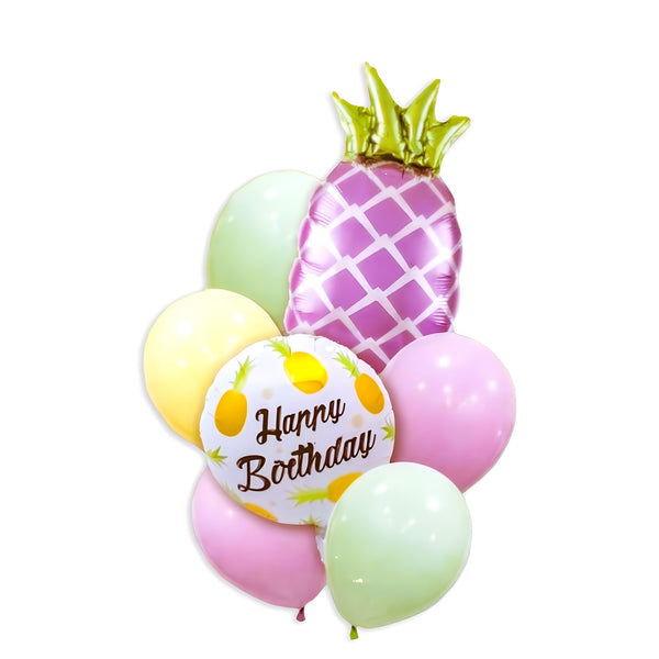 Pineapple Balloons- 7 pcs, Happy Birthday (Round), Pastel & Confetti Balloons, Ribbon for Happy Birthday / 1st Birthday Decoration Material