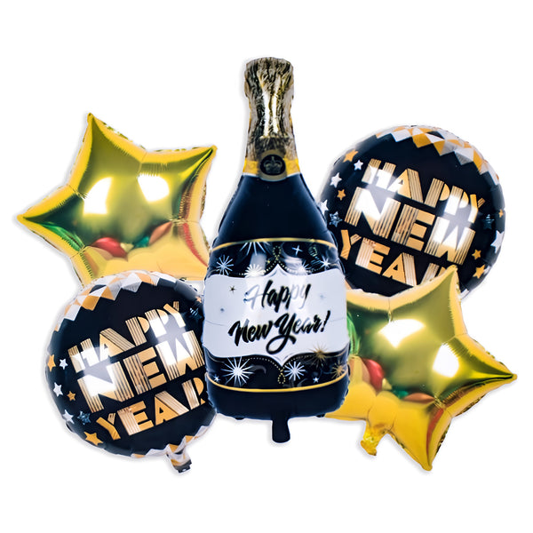 Happy New Year Balloons- 5 pcs, Kit with Champagne Bottle & Stars - Black & Gold Party Decoration supplies