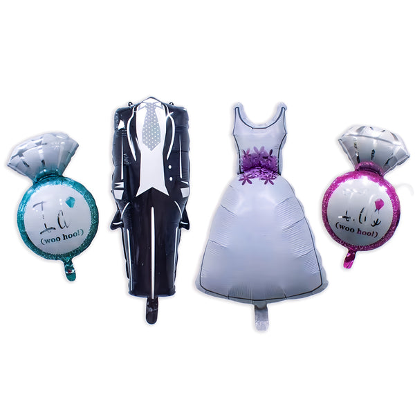 Wedding Celebration Balloons- 4 pcs Elegant Bride & Groom Attire Foil Balloons with 'Woo Hoo' Accents Party Decoration