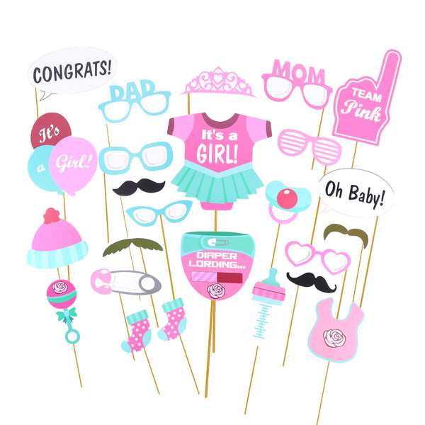 It Is A Girl Baby Shower on stick set of 25pcs for Birthday Party Gender Reveal Photo Booth Props Pink Set on A Stick