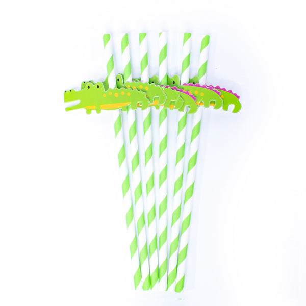 Crocodile Green white Animal straw set 6 pcs- Paper Star Drinking Straws for Party Baby Shower Decor