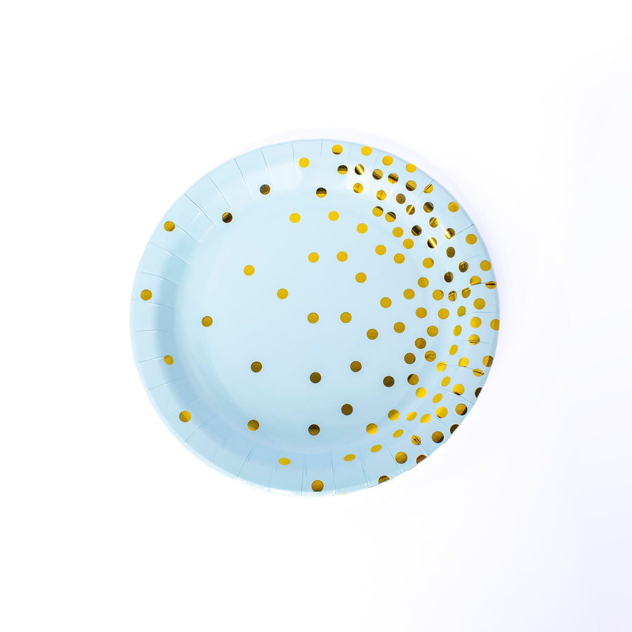 Round Disposable Paper Plates- 7 inch- 8 pcs- Blue and Gold Dots Paper Plates Dinner Plates, Gold Foil Polka Dots Paper Plates Party Supplies Plates for All Occasions