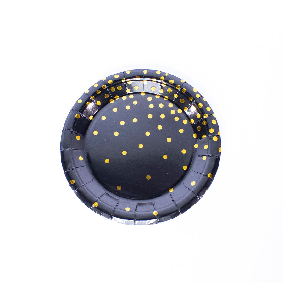 Round Disposable Paper Plates- 7 inch- 8 pcs- Black and Gold Dots Paper Plates Dinner Plates, Gold Foil Polka Dots Paper Plates Party Supplies Plates for All Occasions