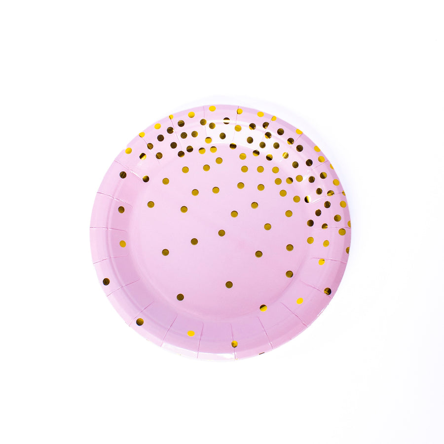 Round Disposable Paper Plates- 7 inch- 8 pcs- Pink and Gold Dots Paper Plates Dinner Plates,Gold Foil Polka Dots Paper Plates Party Supplies Plates for All Occasions