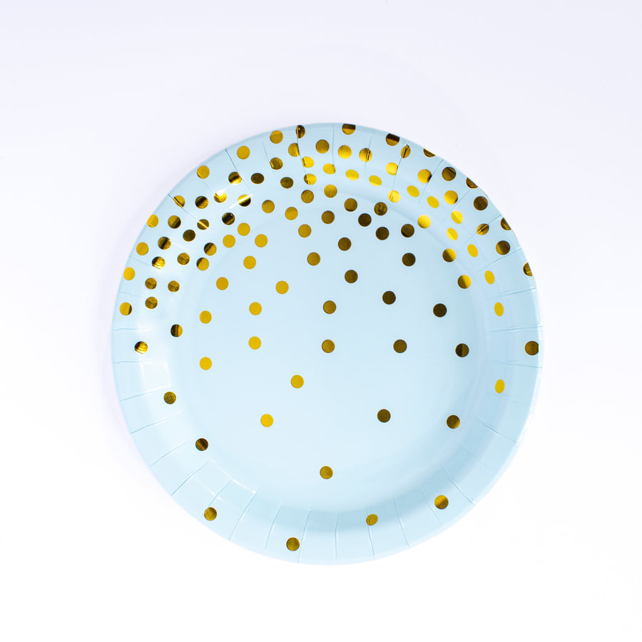 Round Disposable Paper Plates- 9 inch- 8 pcs- Blue and Gold Dots Paper Plates Dinner Plates, Gold Foil Polka Dots Paper Plates Party Supplies Plates for All Occasions