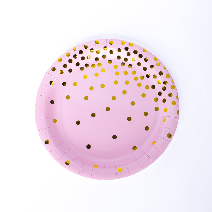 Round Disposable Paper Plates- 9 inch- 8 pcs- Pink and Gold Dots Paper Plates Dinner Plates, Gold Foil Polka Dots Paper Plates Party Supplies Plates for All Occasions