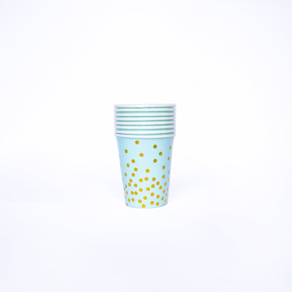 Paper Cup Disposable- 250ml- 8 pcs- Blue and Gold Dots Paper cups ,Gold Foil Polka Dots Paper cups Party Supplies Plates for All Occasions