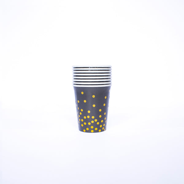 Paper Cup Disposable- 250ml- 8 pcs- Black and Gold Dots Paper cups ,Gold Foil Polka Dots Paper cups Party Supplies Plates for All Occasions