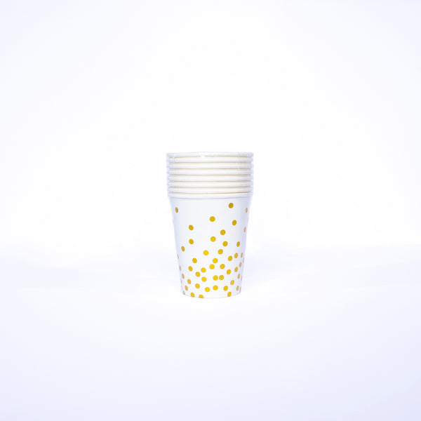 Paper Cup Disposable- 250ml- 8 pcs- White and Gold Dots Paper cups ,Gold Foil Polka Dots Paper cups Party Supplies Plates for All Occasions